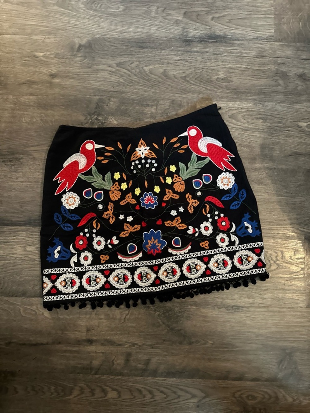 Altar'd State Black Mini Skirt with Red Bird Embroidery